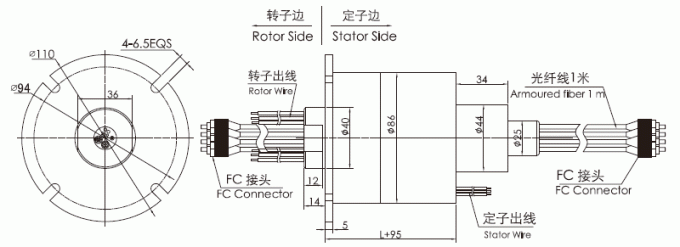 fo208 dibujo Fibra-eléctrico del anillo colectando de Ring Fiber Optic Rotary Joint del resbalón de los canales de la serie 2 de la serie FO208