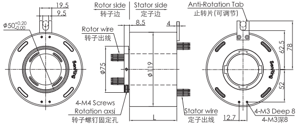 uh50119-02 dibujo del anillo colectando del anillo colectando de la señal de la serie USB2.0 de la serie UH50119-02