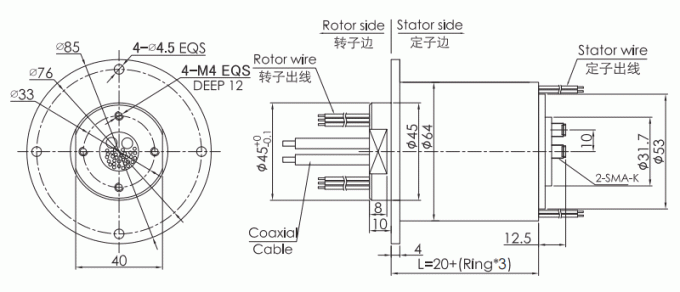 hf0218-64 dibujo común rotatorio de alta frecuencia en doble canal del anillo colectando de los anillos colectores 18GHz de la serie de la serie HF0218-64